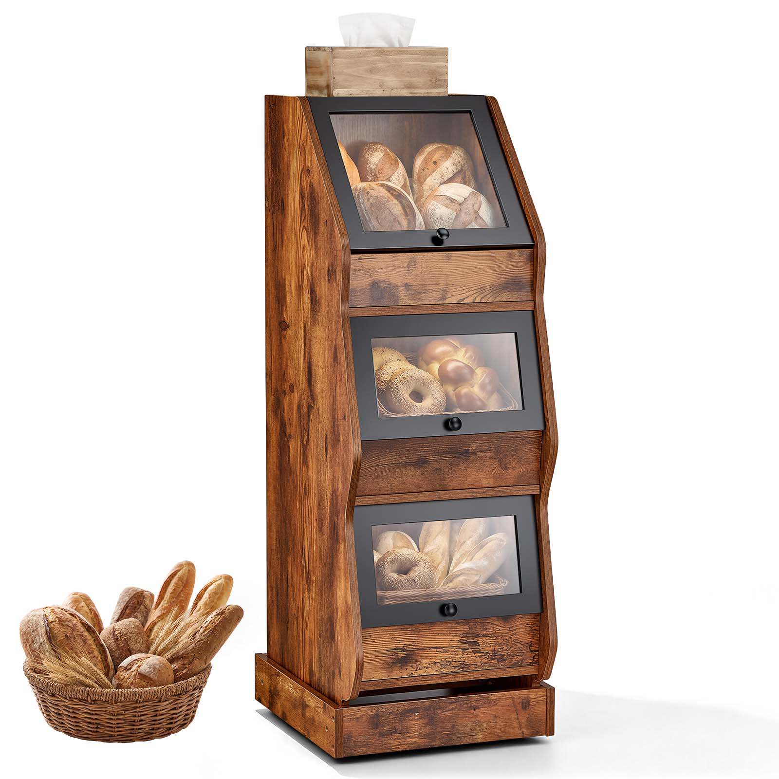 Front. VEVOR - Bread Box for Kitchen Bamboo Wood Storage Container Brown, for Homemade Bread, and Pantry, Triple Layer Farmhouse - Brown.