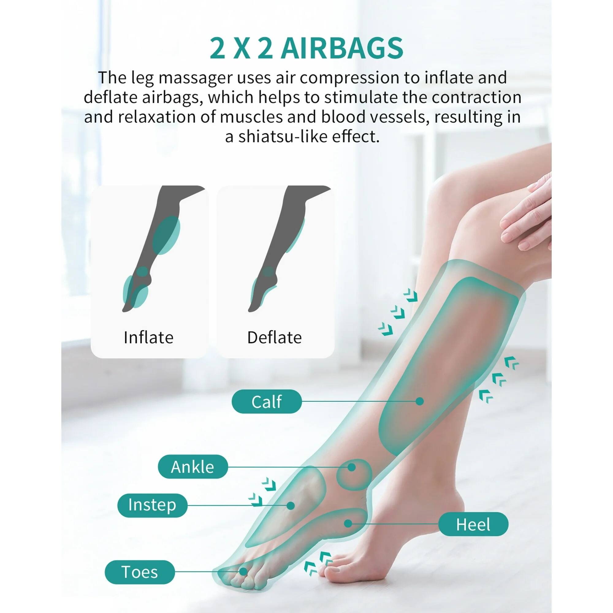 2 X 2 AIRBAGS

The leg massager uses air compression to inflate and deflate airbags, which helps to stimulate the contraction and relaxation of muscles and blood vessels, resulting in a shiatsu-like effect.

Inflate  
Deflate

Calf  
Ankle  
Instep  
Heel  
Toes