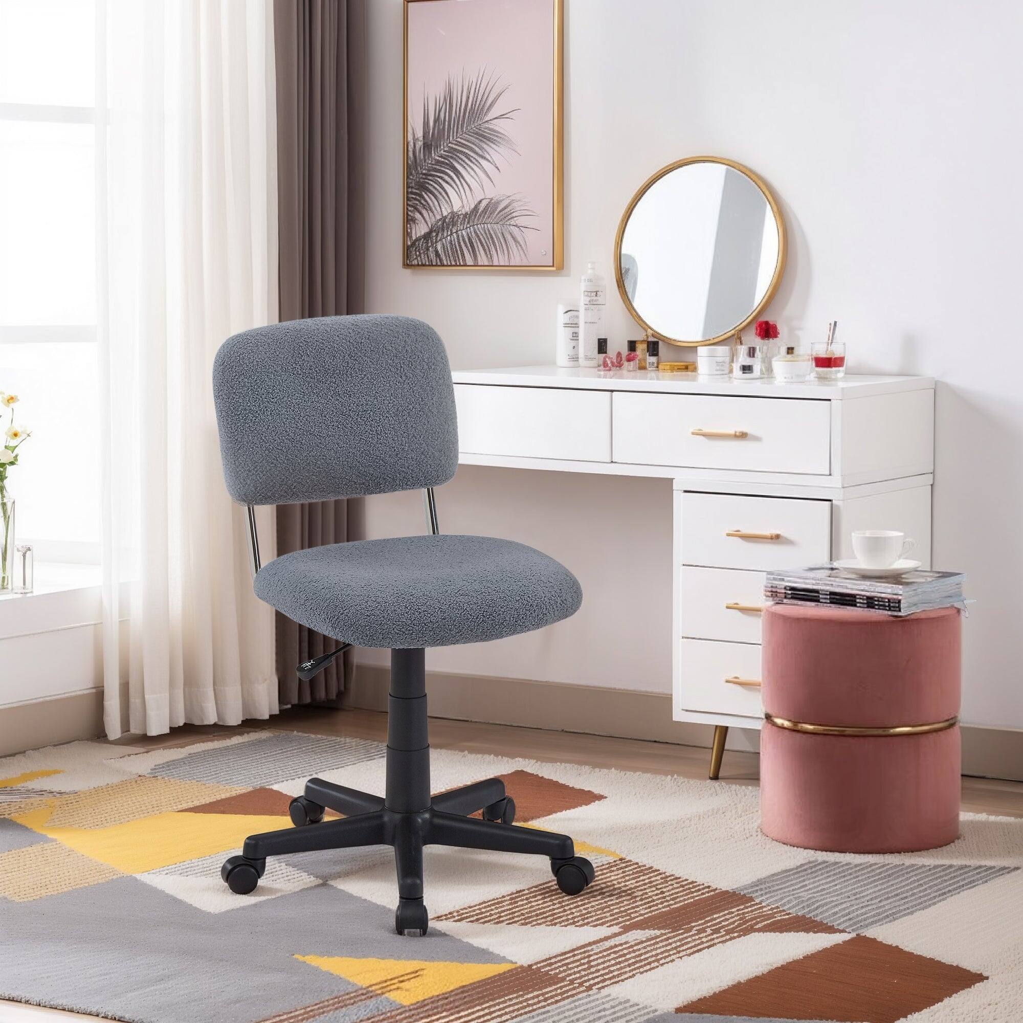 Left. Vecelo - Faux Fur Desk Chair with Adjustable Height - 360° Swivel Office Chair, Armless Sherpa Vanity Chair with Rolling Casters - Grey.