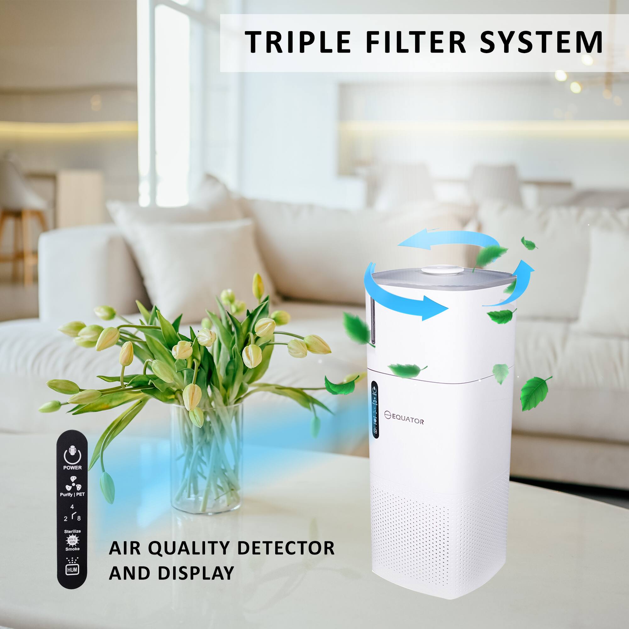 TRIPLE FILTER SYSTEM, OEQUATOR POWER, AIR QUALITY DETECTOR AND DISPLAY