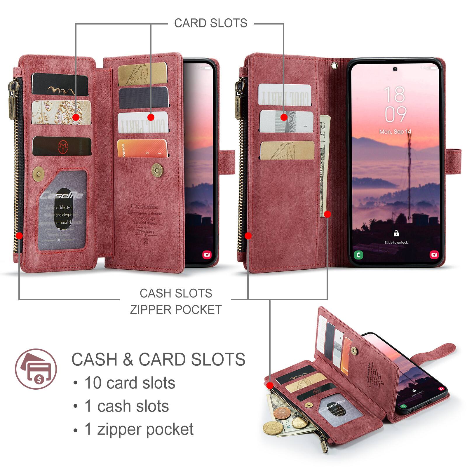 CARD SLOTS  
CASH SLOTS  
ZIPPER POCKET  

CASH & CARD SLOTS  
- 10 card slots  
- 1 cash slot  
- 1 zipper pocket