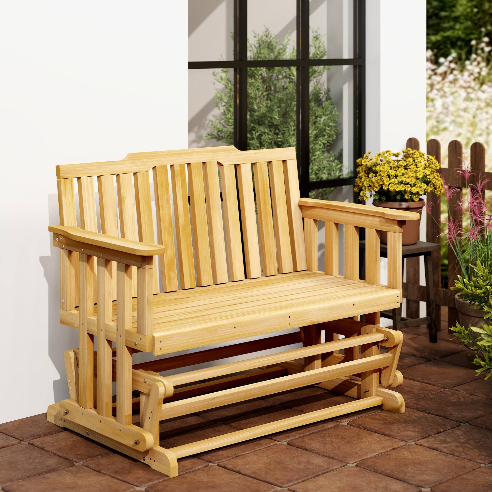 Alt View 8. Outsunny - 2-Person Patio Swing Glider Bench with Quick Drying Design and Wide Armrest, Wood Rocking Chair Loveseat for Backyard - Natural Wood.