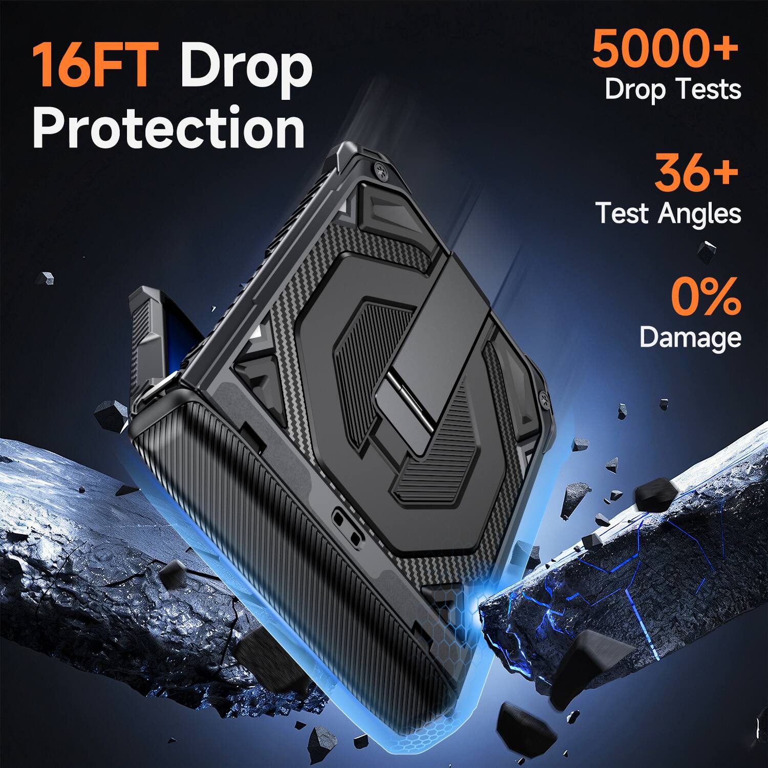 16FT Drop Protection  
5000+ Drop Tests  
36+ Test Angles  
0% Damage
