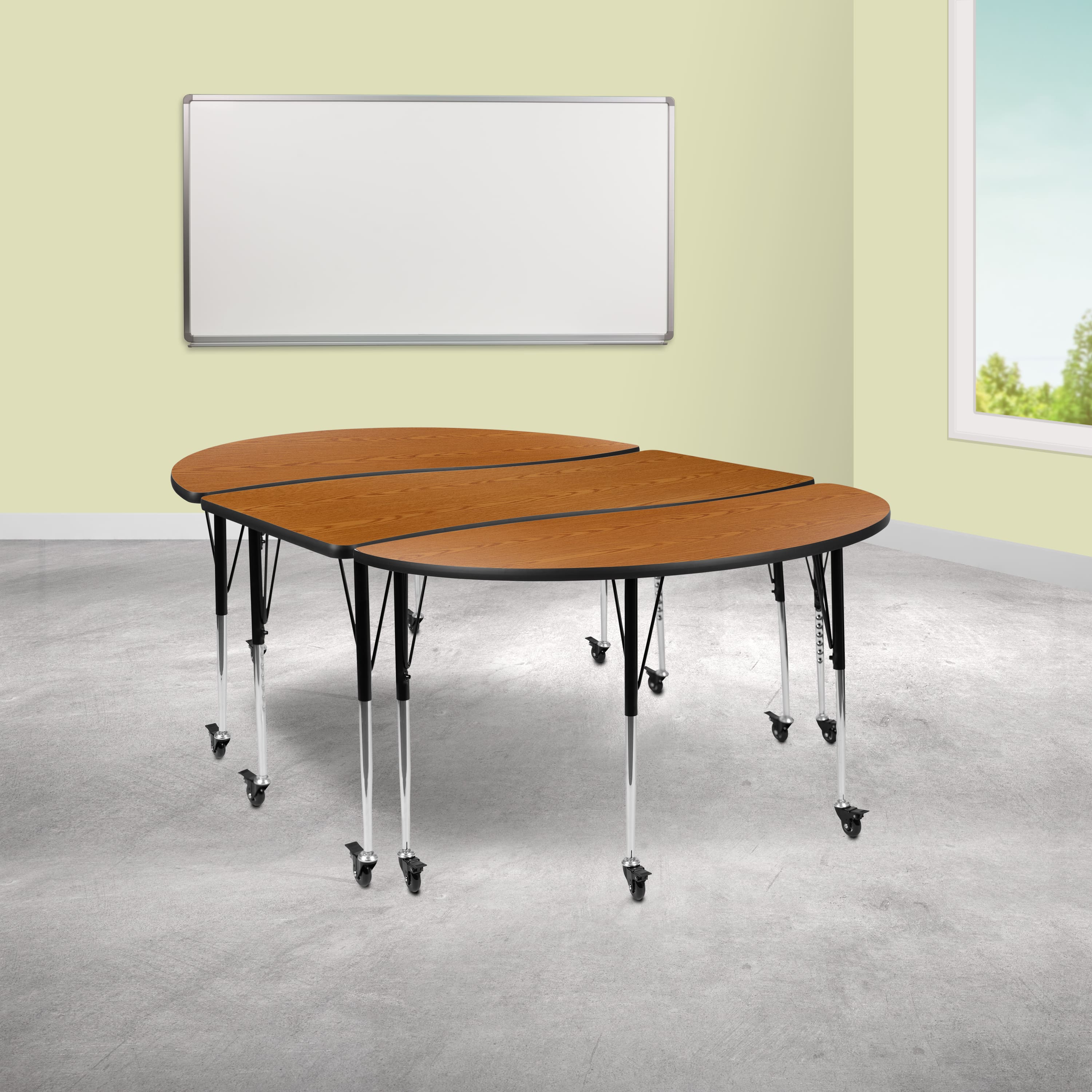 Emma + Oliver - 3 Mobile Piece 86" Oval Wave Collaborative Grey Adjustable Activity Table Set - Oak