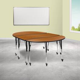 Emma + Oliver - 3 Mobile Piece 86" Oval Wave Collaborative Grey Adjustable Activity Table Set - Oak