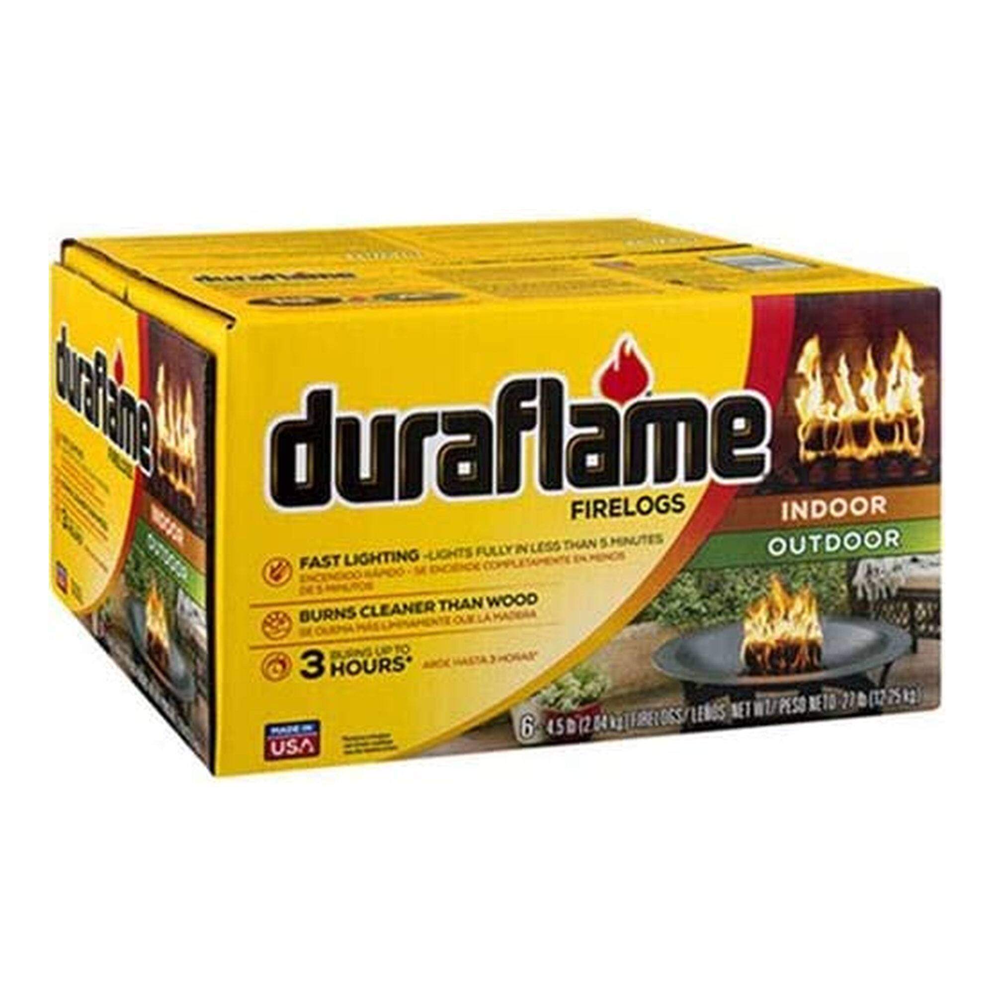duraflame FIRELOGS INDOOR LESS THAN 5 MINUTES OUTDOOR LIGHTS FULLY IN FAST LIGHTING BURNS CLEANER THAN WOOD BURNS TO 3 HOURS USA NET PESO RE 14 TEBEROGS 6 45 45D12 D (2 21 (12 2 k