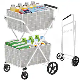 Glintex - Extra Jumbo Shopping Cart,Foldable Utility Shopping Carts with Double Basket and 360° Rolling Swivel Wheels - White
