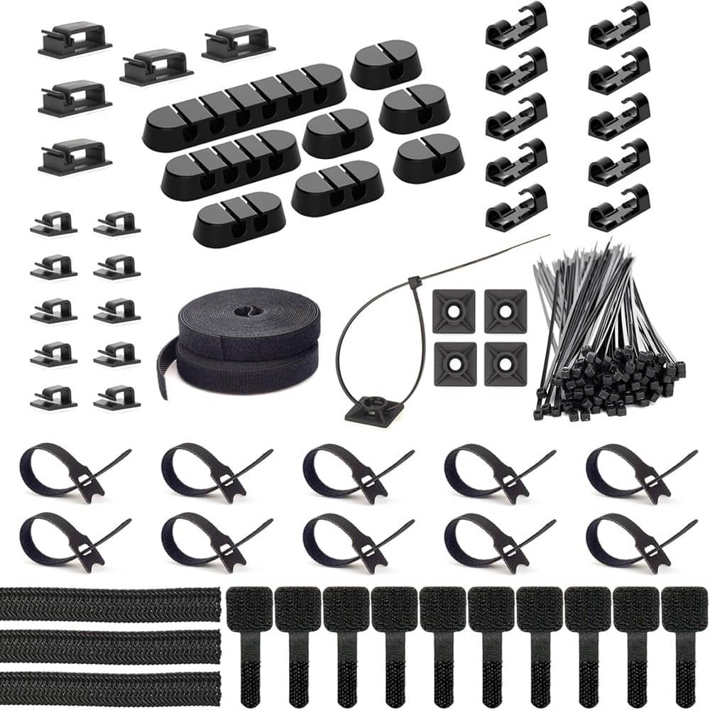 THIRSTY TURTLE - “163PCS Cable Management Kit – Reusable Ties, Clips & Sleeves, Black”