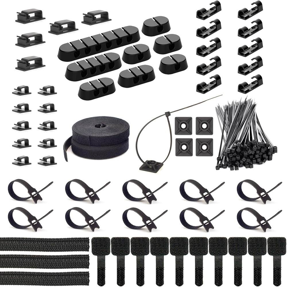 THIRSTY TURTLE - “163PCS Cable Management Kit – Reusable Ties, Clips & Sleeves, Black”