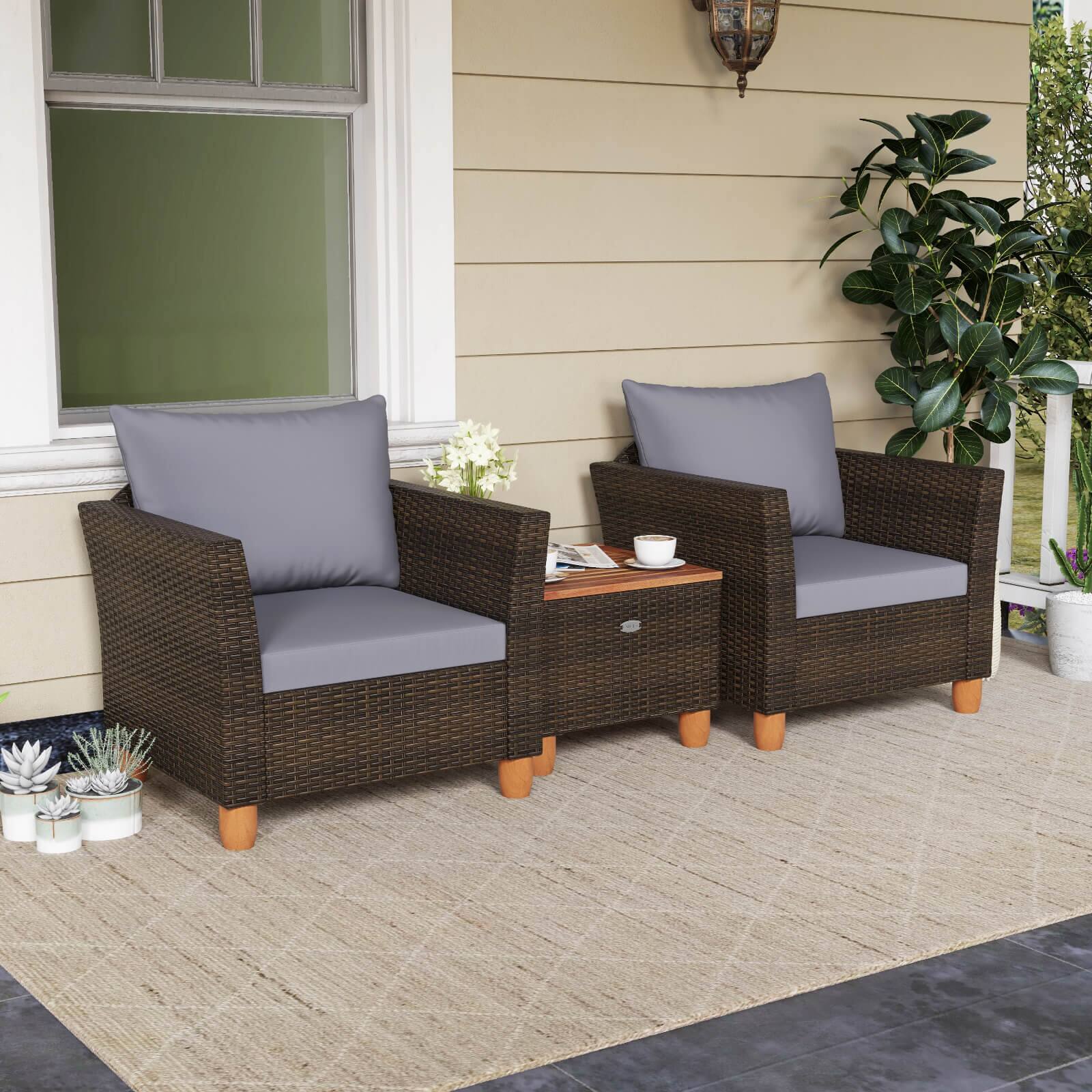 Alt View 1. Costway - 3 PCS Outdoor Patio Rattan Bistro Furniture Set Wooden Table Top Cushioned Sofa - Grey.