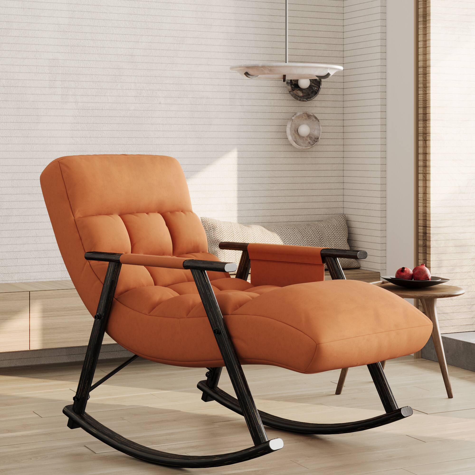 Angle. GOODSILO - Adjustable High Back Casual Rocking Chair with Footrest and Side Pockets for Living Room Bedroom or Balcony - Orange.