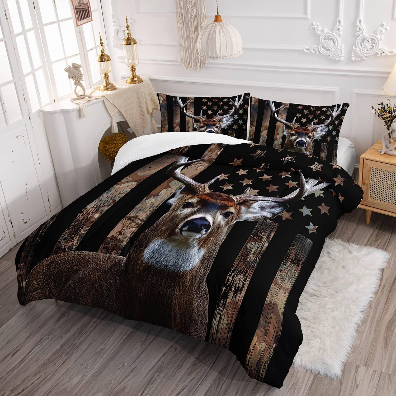 Alt View 2. Wikistore - WIKISTORE Deer Hunting Camo Comforter Set Queen Size American Flag Theme Bedding with 2 Pillowcases - As Picture.