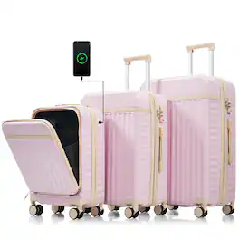 Ecooso - 3-Piece ABS Hard Shell Luggage Set with USB Port, Front-Open 20" Carry-On, Spinner Wheels, TSA Lock - Pink