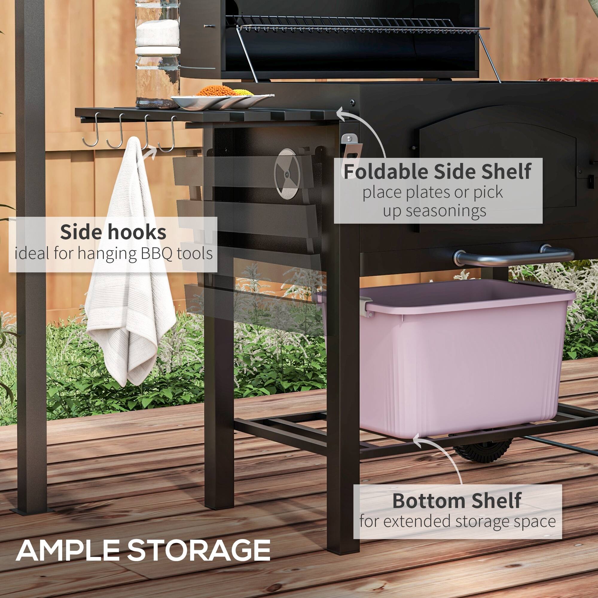 - Side hooks ideal for hanging BBQ tools
- Foldable Side Shelf: place plates or pick up seasonings
- Bottom Shelf: for extended storage space
- Ample Storage