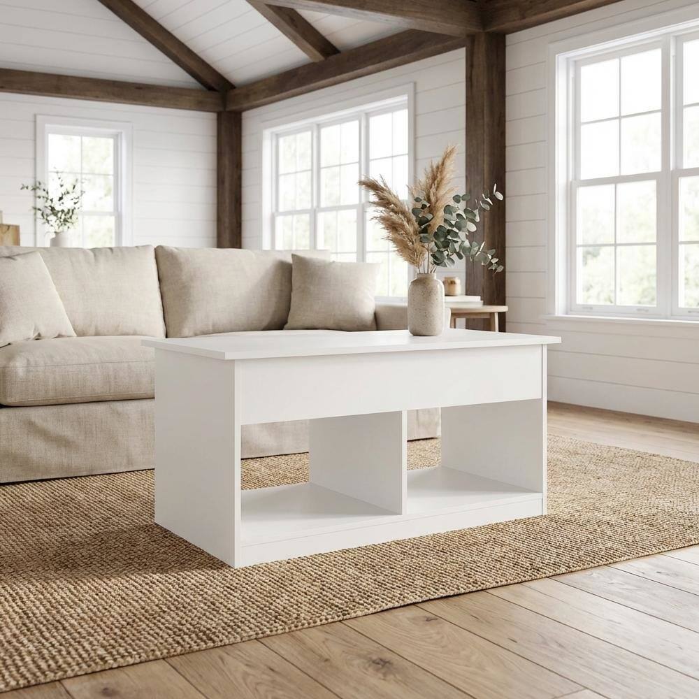 Angle. FurniFact - Solid White Lift Top Coffee Table with Storage and Durable Construction - Solid White.