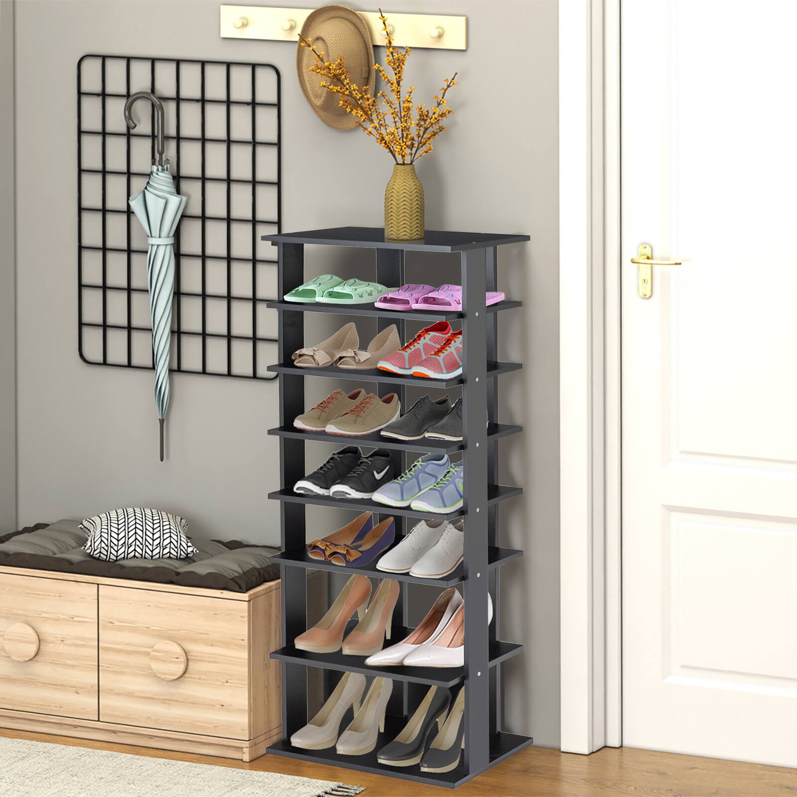 Angle. Sugift - 7-Tier Dual Shoe Rack Free Standing Shelves Storage Shelves Concise - Black.