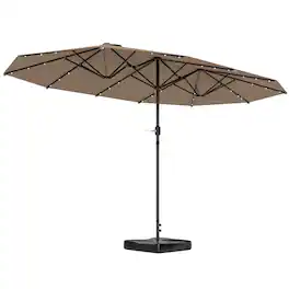 Outsunny - 14.4ft Double Umbrella, Large Outdoor Patio Umbrella with Base Included, Patio Sun Shade with LED Solar Light - Khaki