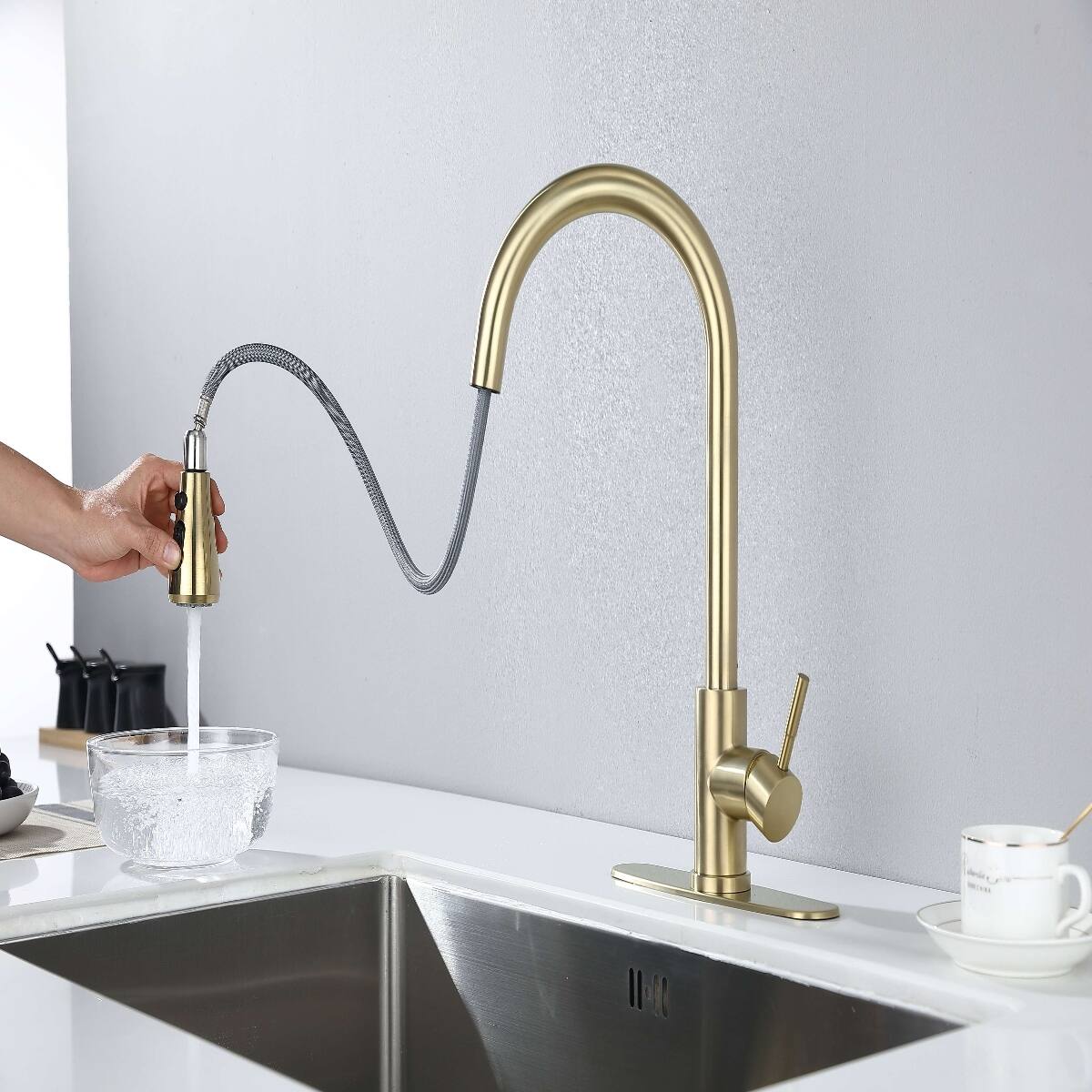 Angle. Ropilly - Ropilly Pull Out Kitchen Faucet Brushed Gold Single Handle High Arc Sink Faucet - Brushed Gold.