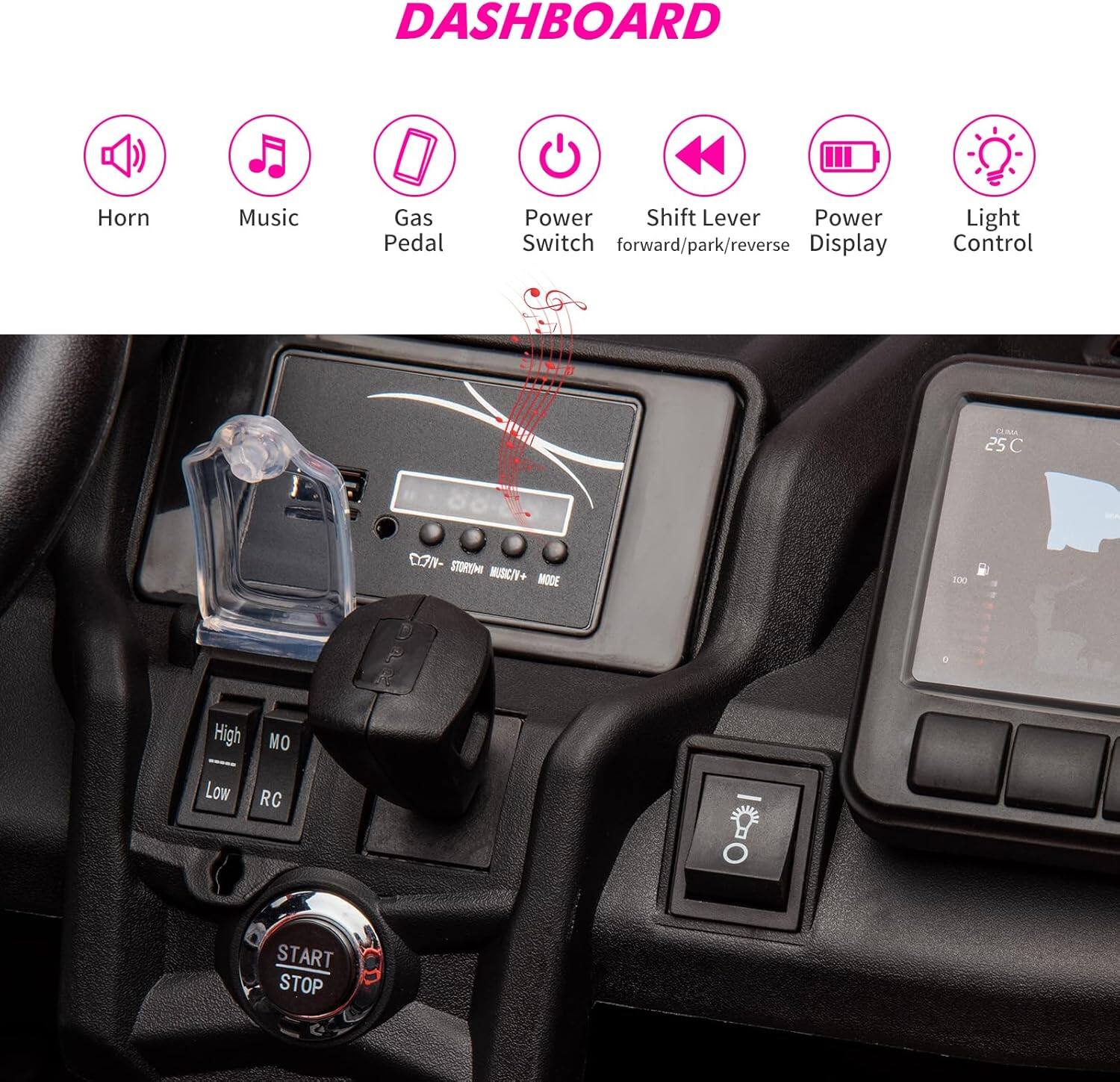DASHBOARD

- Horn
- Music
- Gas Pedal
- Power Switch
- Shift Lever (forward/park/reverse)
- Power Display
- Light Control

25°C

High MO Low RC

START STOP

STOREM MUSIC/Y+ MODE 100 d