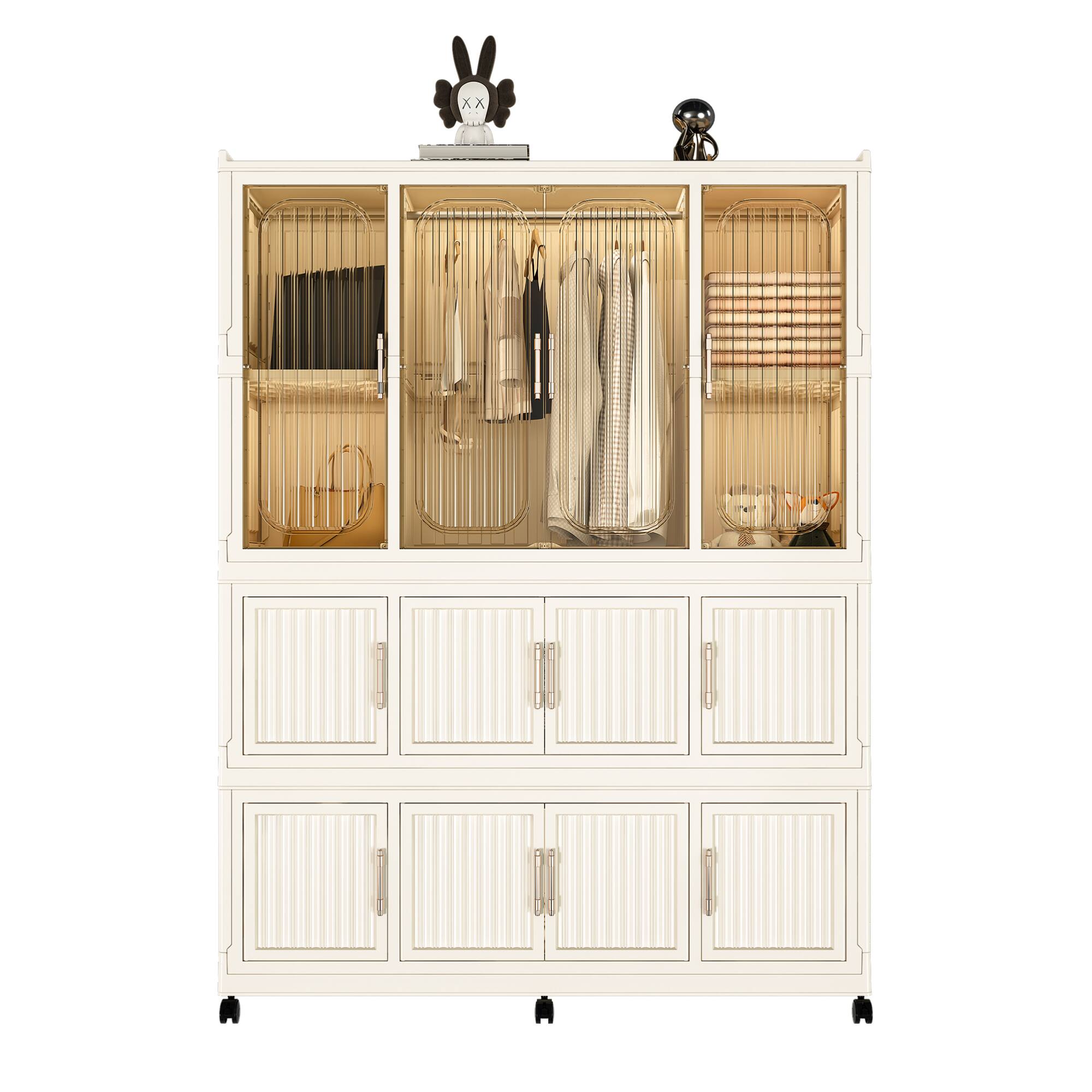 Alt View 1. GOODSILO - Portable Wardrobe Closet Storage Organizer with 12 Magnetic Doors, 12 Storage Cubes and Hanging Rod - Cream White.