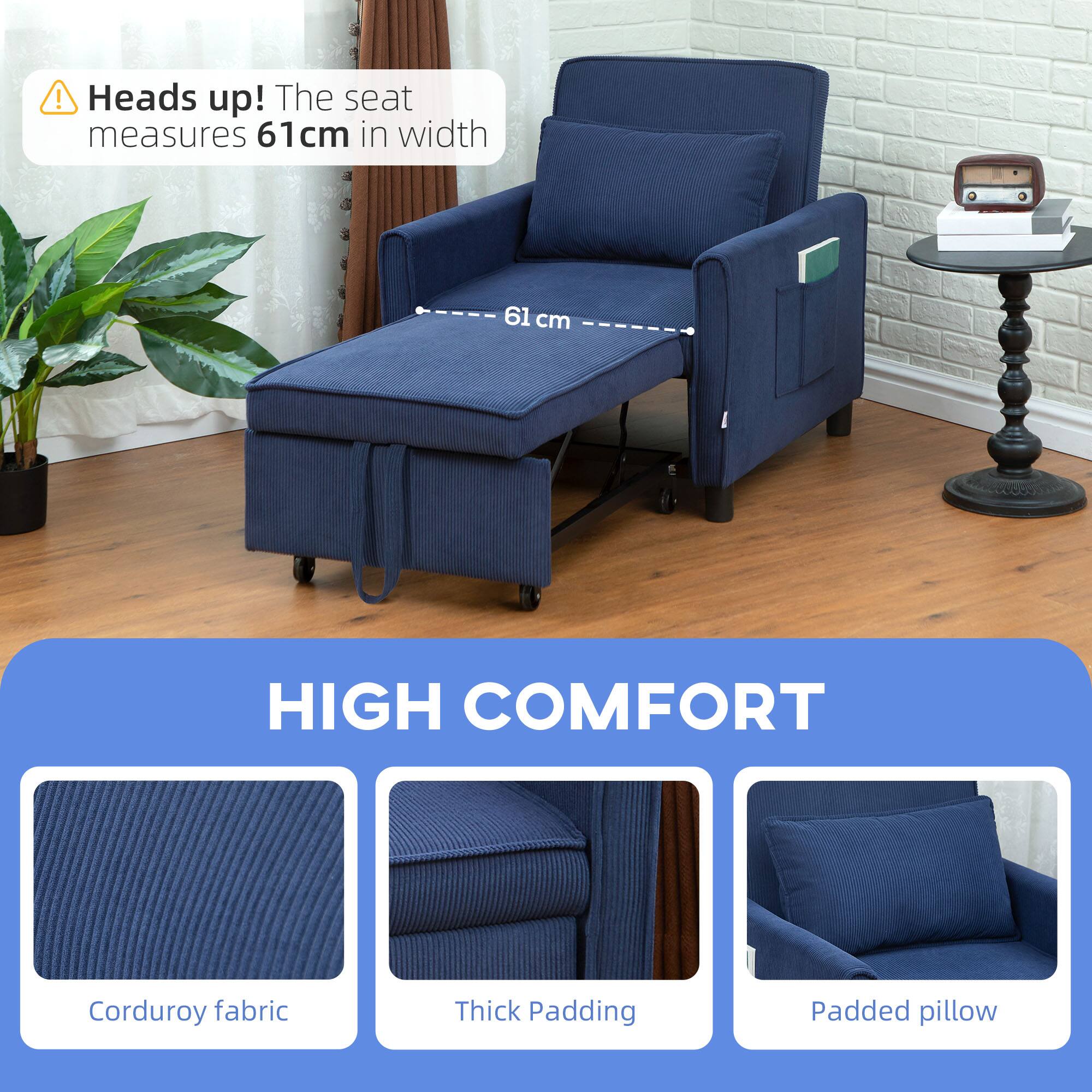Heads up! The seat measures 61cm in width, HIGH COMFORT, Corduroy fabric, Thick Padding, Padded pillow