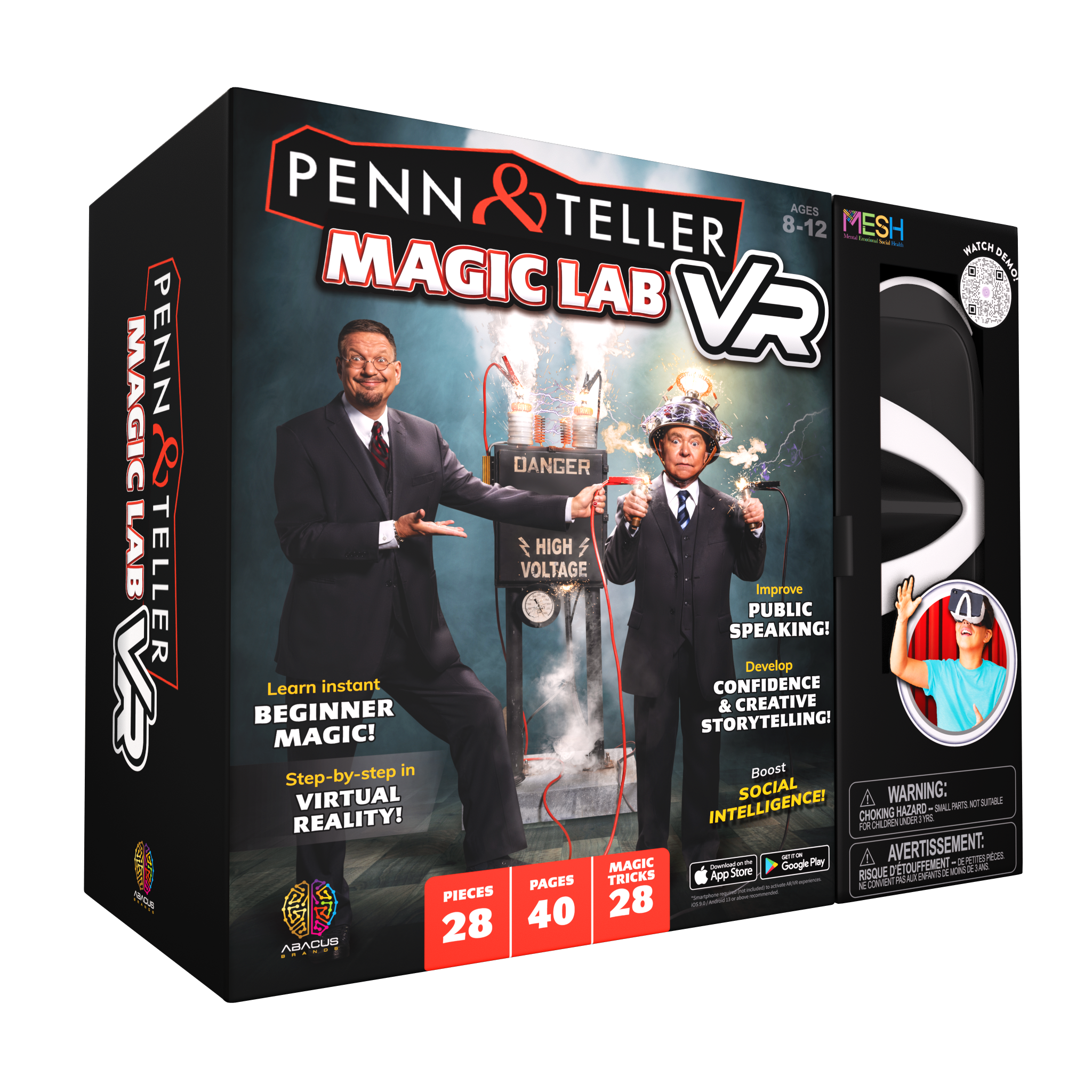 **Penn & Teller Magic Lab VR**

**Ages 8-12**

**Mesh**

**Learn instant BEGINNER MAGIC!**  
Step-by-step in VIRTUAL REALITY!

**Improve PUBLIC SPEAKING!**  
Develop CONFIDENCE & CREATIVE STORYTELLING!  
Boost SOCIAL INTELLIGENCE!

**Pieces 28**  
**Tricks 40**  
**Magic 28**

**Warning: CHOKING HAZARD - Small parts. Not for children under 3 years.**

**Danger: HIGH VOLTAGE**

**Penn & Teller Magic Lab VR**  
**DANGER**  
**HIGH VOLTAGE**

**Penn & Teller Magic Lab VR**  
**DANGER**  
**HIGH VOLTAGE**

**Penn & Teller Magic Lab VR**  
**DANGER**  
**HIGH VOLTAGE**

**Penn & Teller Magic Lab VR**  
**DANGER**  
**HIGH VOLTAGE**

**Penn & Teller Magic Lab VR**  
**DANGER**  
**HIGH VOLTAGE**

**Penn & Teller Magic Lab VR**  
**DANGER**  
**HIGH VOLTAGE**

**Penn & Teller Magic Lab VR**  
