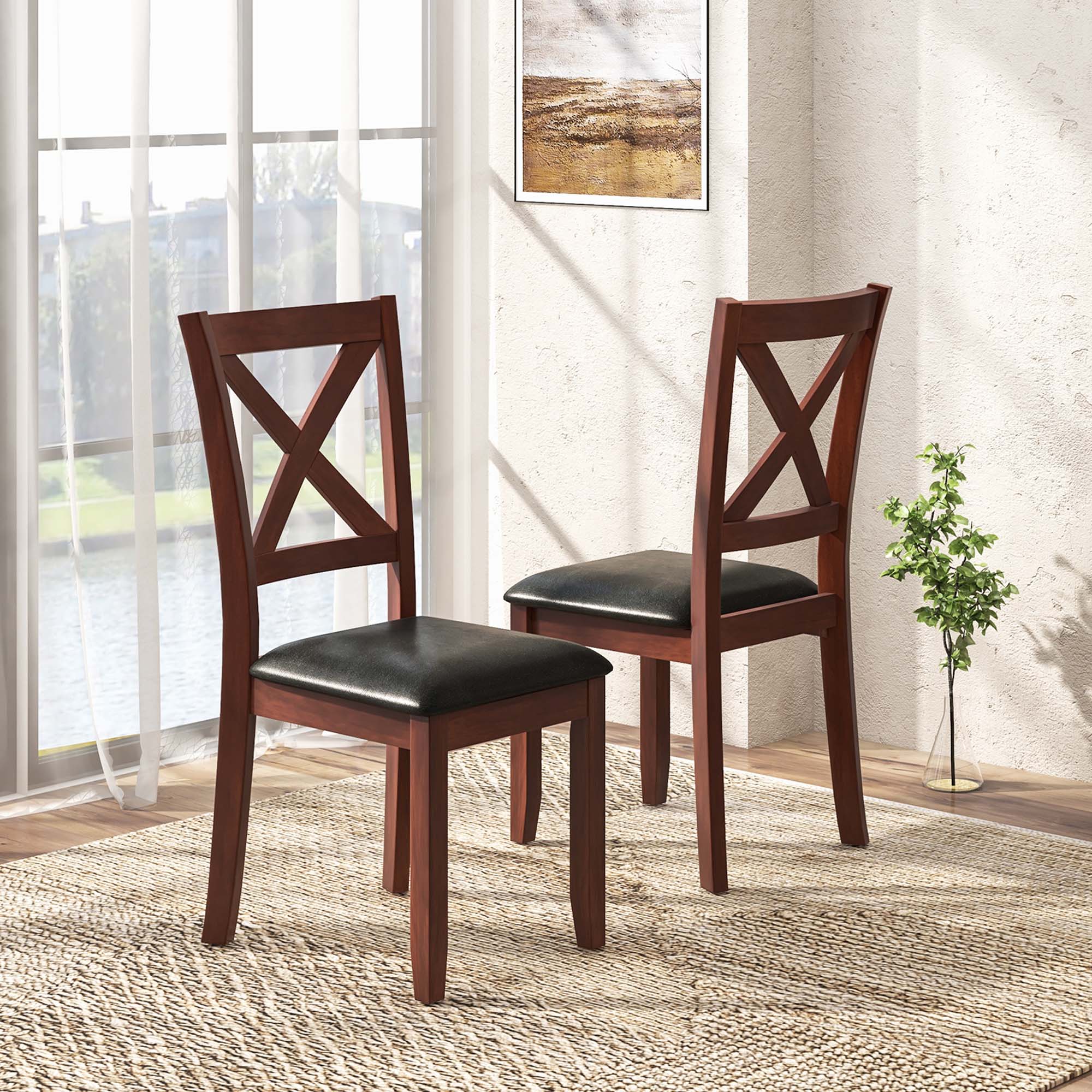 Alt View 1. Costway - Costway Wooden Dining Chairs Set of 2 Kitchen Side Chair with Padded Seat Rubber Wood Legs - Brown,Black.