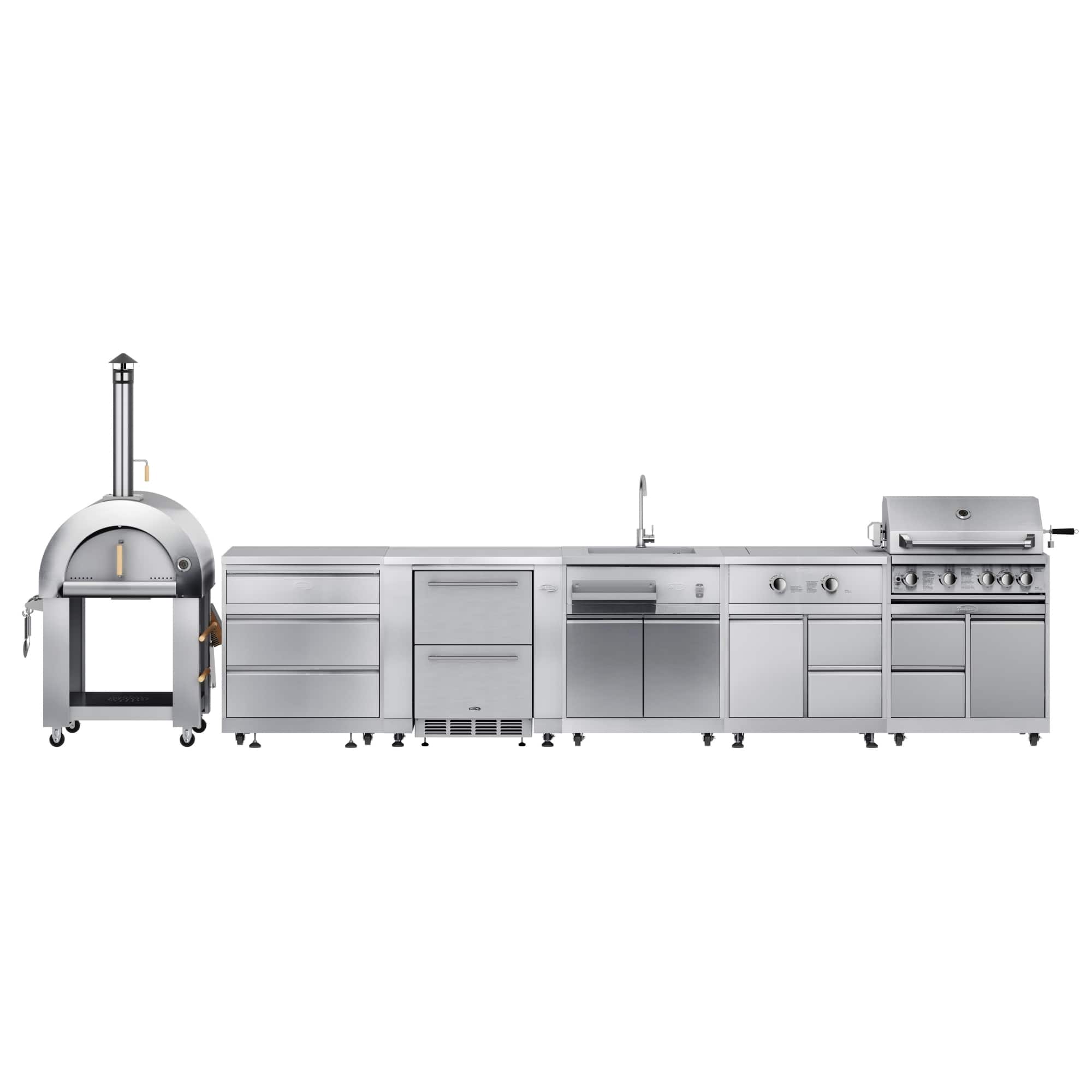 Koolmore - Wood fire Pizza Oven, 3 Drawer Cabinet, Double Refrigerator Drawers, Sink, Side Burner and a 30 in. Grill with Cabinet - Stainless Steel