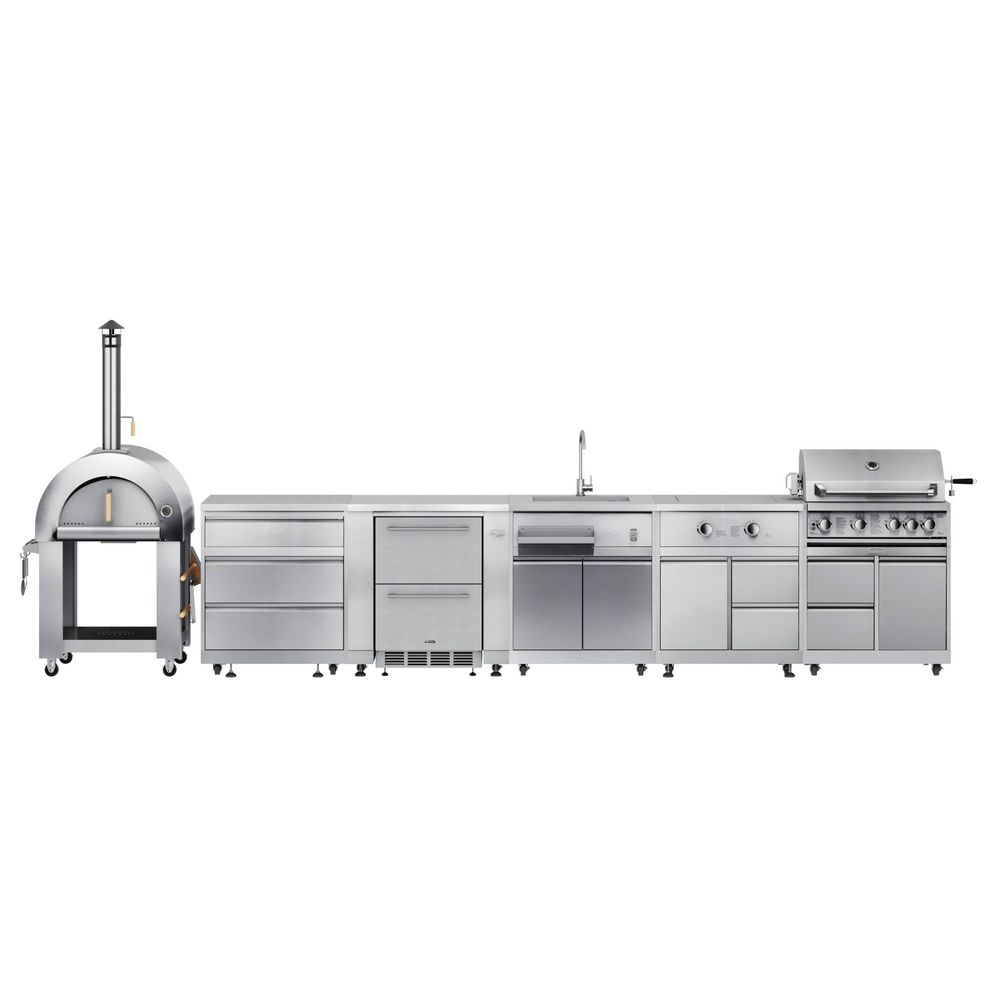 Front. Koolmore - Wood fire Pizza Oven, 3 Drawer Cabinet,  Double Refrigerator Drawers, Sink, Side Burner and a 30 in. Grill with Cabinet - Stainless Steel.