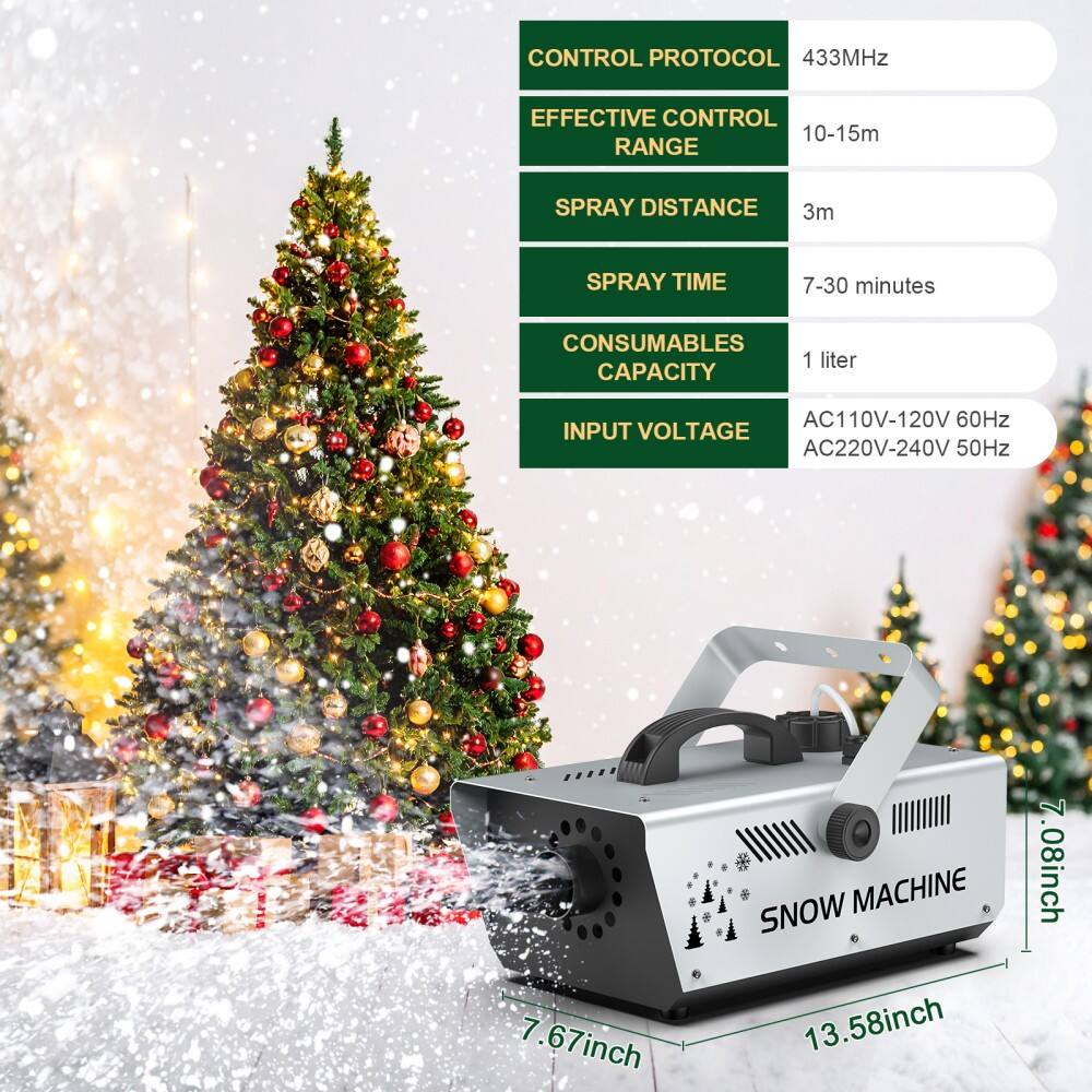 CONTROL PROTOCOL  
433MHz  

EFFECTIVE CONTROL RANGE  
10-15m  

SPRAY DISTANCE  
3m  

SPRAY TIME  
7-30 minutes  

CONSUMABLES CAPACITY  
1 liter  

INPUT VOLTAGE  
AC110V-120V 60Hz  
AC220V-240V 50Hz  

SNOW MACHINE  
7.67inch x 13.58inch x 7.08inch