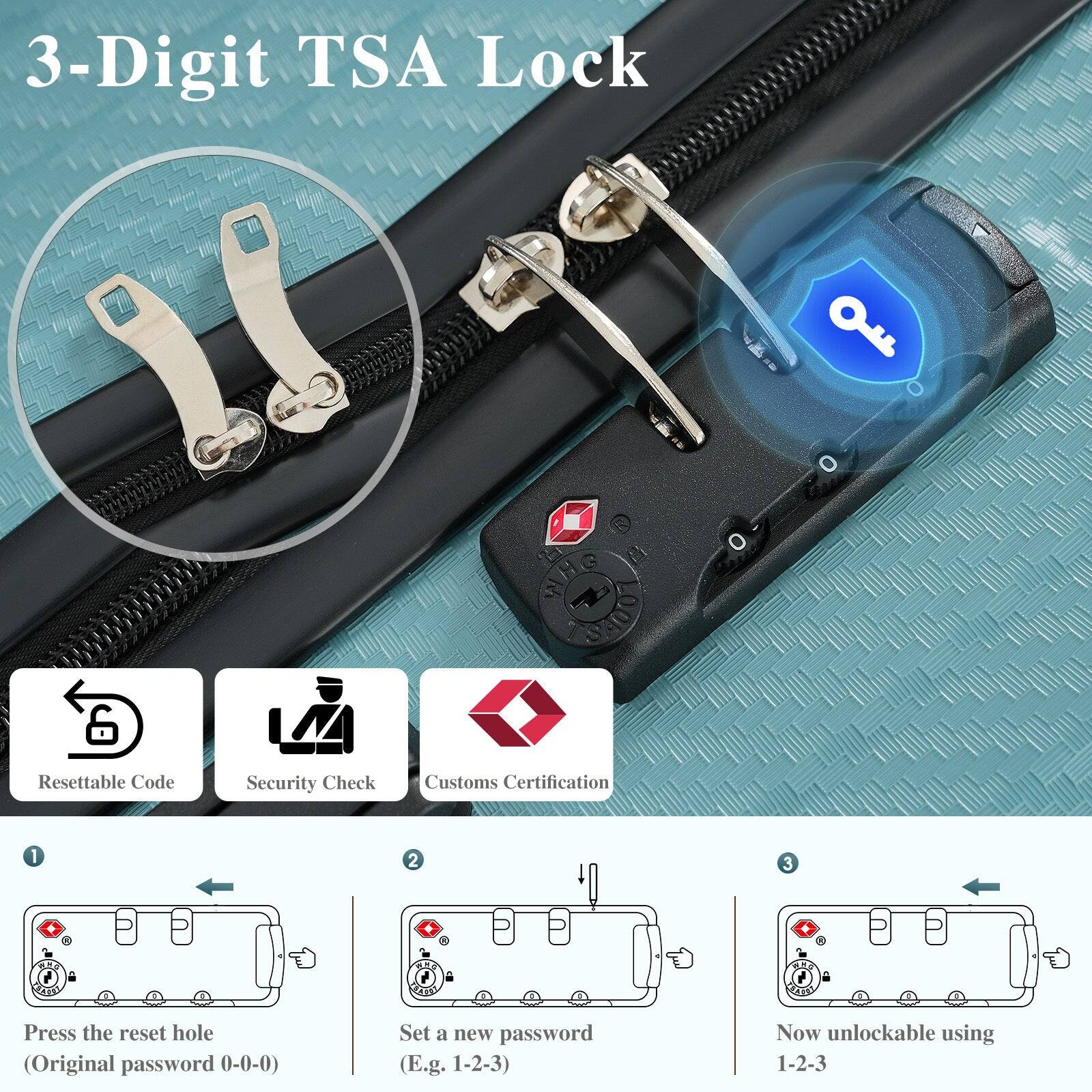3-Digit TSA Lock

1. Press the reset hole (Original password 0-0-0)
2. Set a new password (E.g. 1-2-3)
3. Now unlockable using 1-2-3

- Resettable Code
- Security Check
- Customs Certification