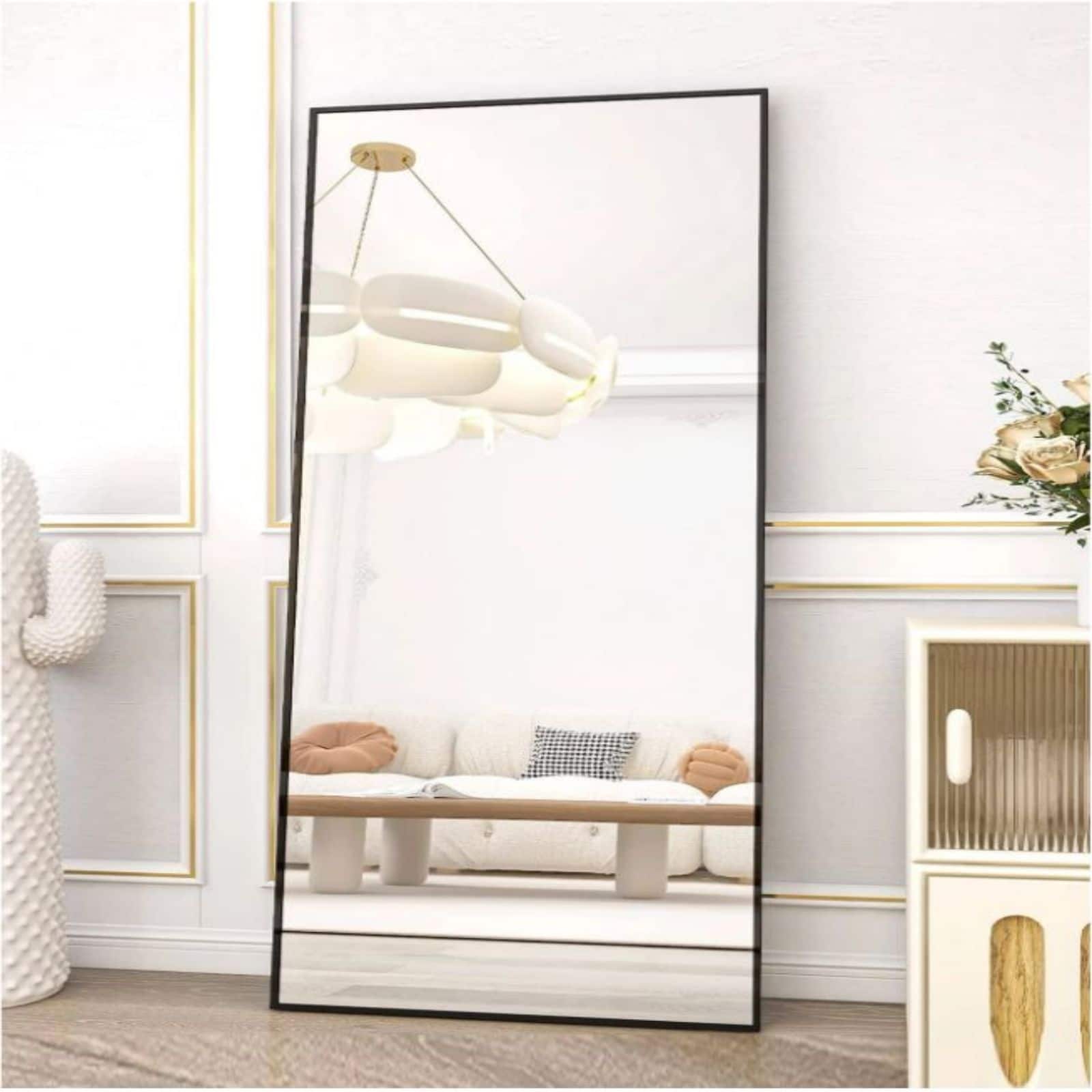 HOMLUX - Full Length Rectangle Floor Mirror Black Aluminum Frame Free Standing Wall Mount for Bedroom Entryway