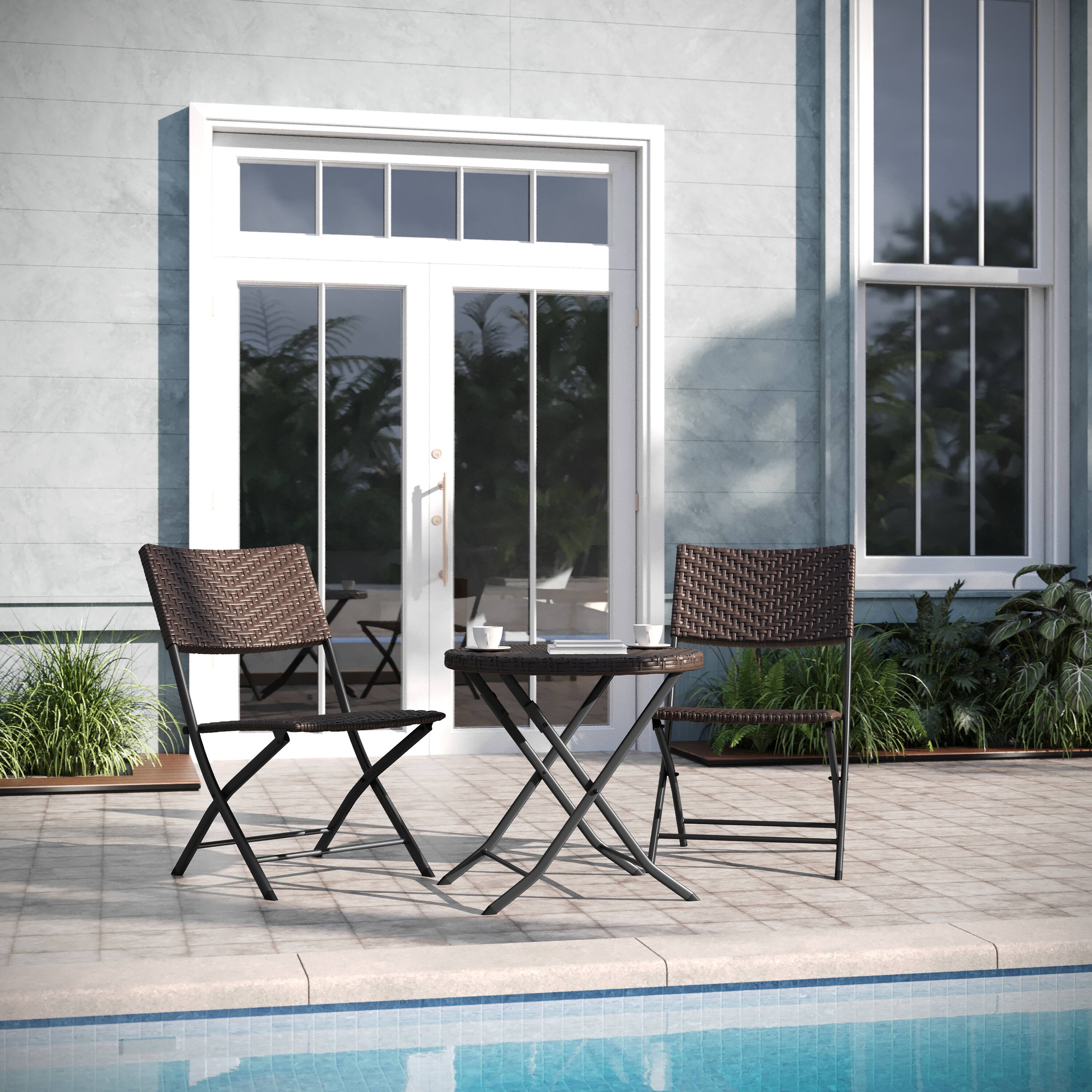 Alt View 1. Emma + Oliver - Ciel Three Piece Folding Bistro Set in PE Rattan with Metal Frames for Indoor and Outdoor Use - Brown.
