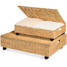 Best Choice Products - 2PC Water Hyacinth Nesting Underbed Storage Baskets with Wheels - Natural