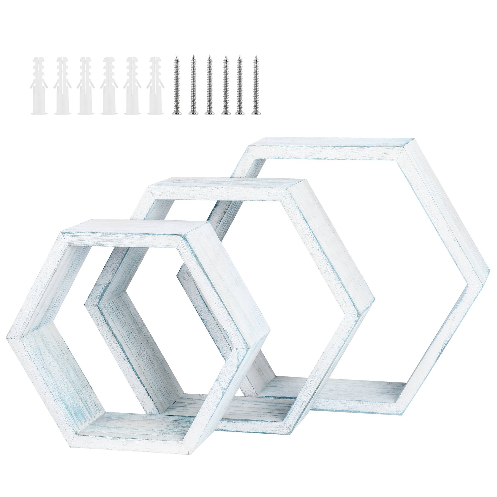 Back. Oumilen - Set of 3 Blue & White Distressed Hexagonal Floating Shelves - Blue.
