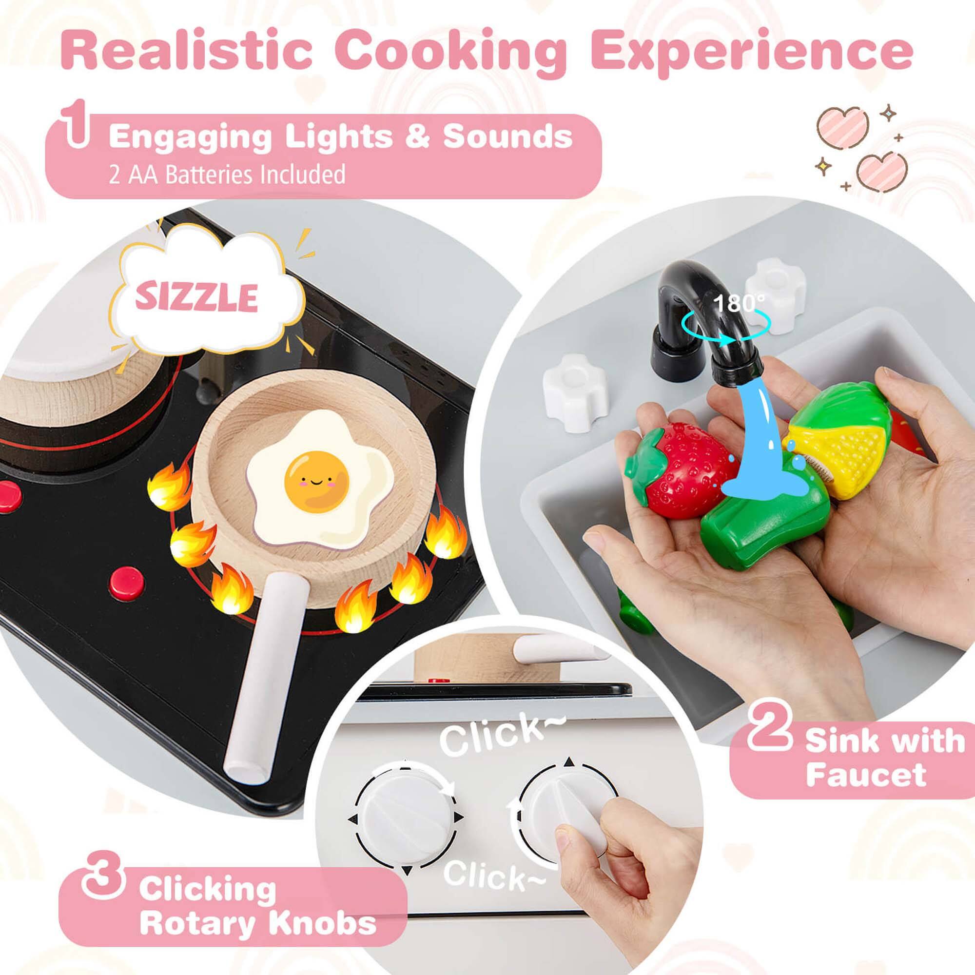 Realistic Cooking Experience

1. Engaging Lights & Sounds  
   2 AA Batteries Included

2. Sink with Faucet

3. Clicking Rotary Knobs

Sizzle