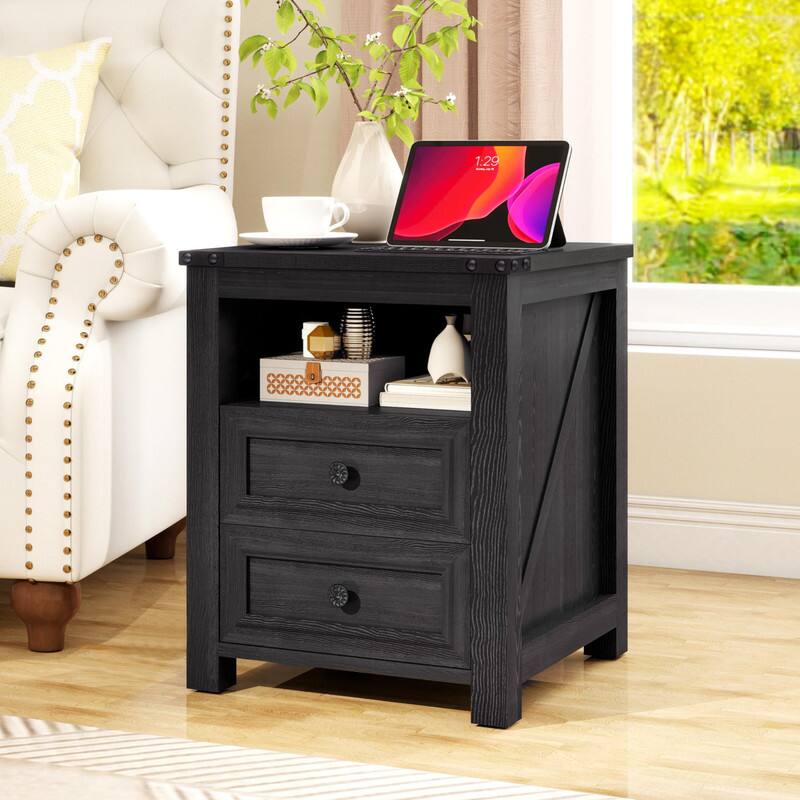 Back. Vipbear - Vipbear Farmhouse Nightstand with Charging Station 18" Night Stand Set of 2 Drawers Wood Bedside End Table. - Grey.
