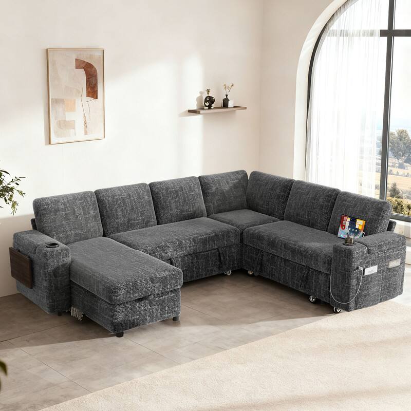 Angle. Dyonery - 110" Modular 7 Seat L Shaped Couch with comfortable Backrest|USB Ports|Cup Holders|Side Table|Storage Chaise Armrests - Grey.