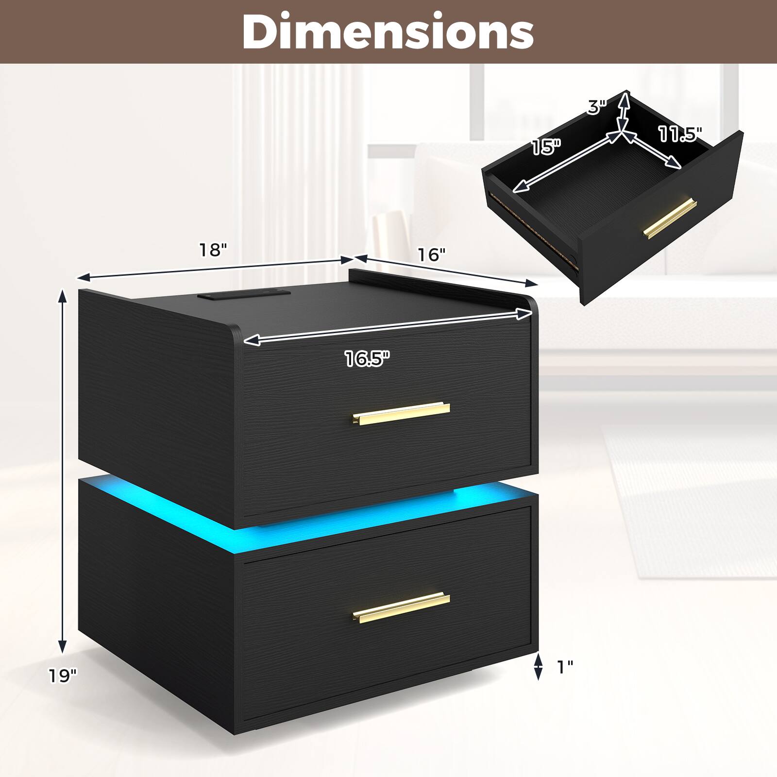 Dimensions: 15" x 3" x 11.5" / 18" x 16" x 16.5" / 19" x 1"