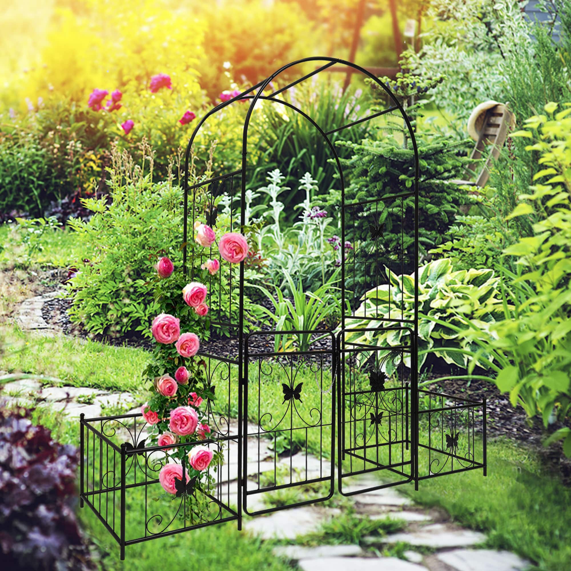 Loheer - 6.63 ft W x 7.22 ft H Metal Garden Arch with Gate Rose Trellis for Outdoor Yard Wedding - Black price history on PriceWatchPro