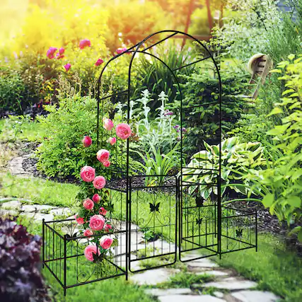 Front. Loheer - 6.63 ft W x 7.22 ft H Metal Garden Arch with Gate Rose Trellis for Outdoor Yard Wedding - Black.
