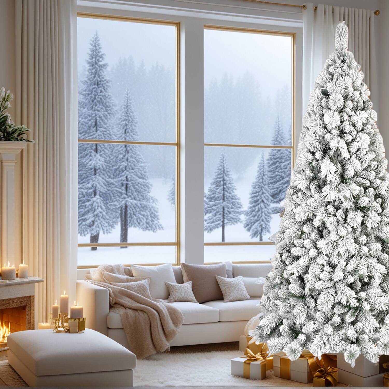 Resenkos - Artificial 8ft Flock LED-lit Christmas Tree with 1445PVC/Hard Needle Mixed Branch Tips - White