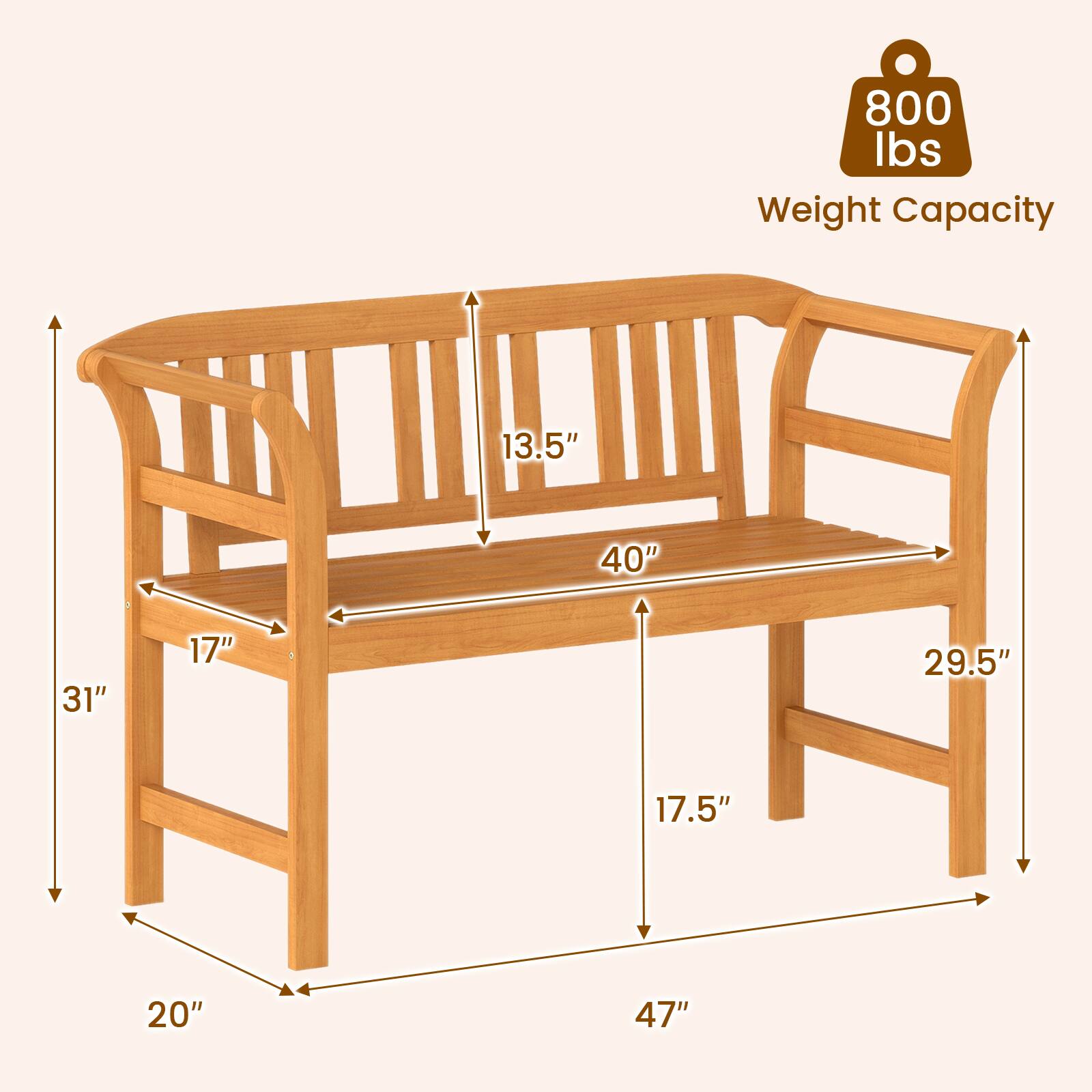800 lbs Weight Capacity  
13.5"  
40"  
31"  
17"  
29.5"  
17.5"  
20"  
47"