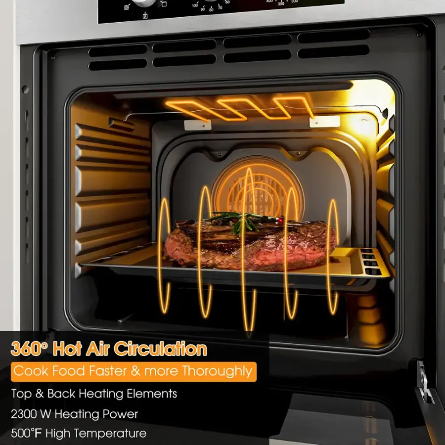 The text on the image reads: "360 Hot Air Circulation Cook Food Faster & more Thoroughly Top & Back Heating Elements 2300 W Heating Power 500F High Temperature."