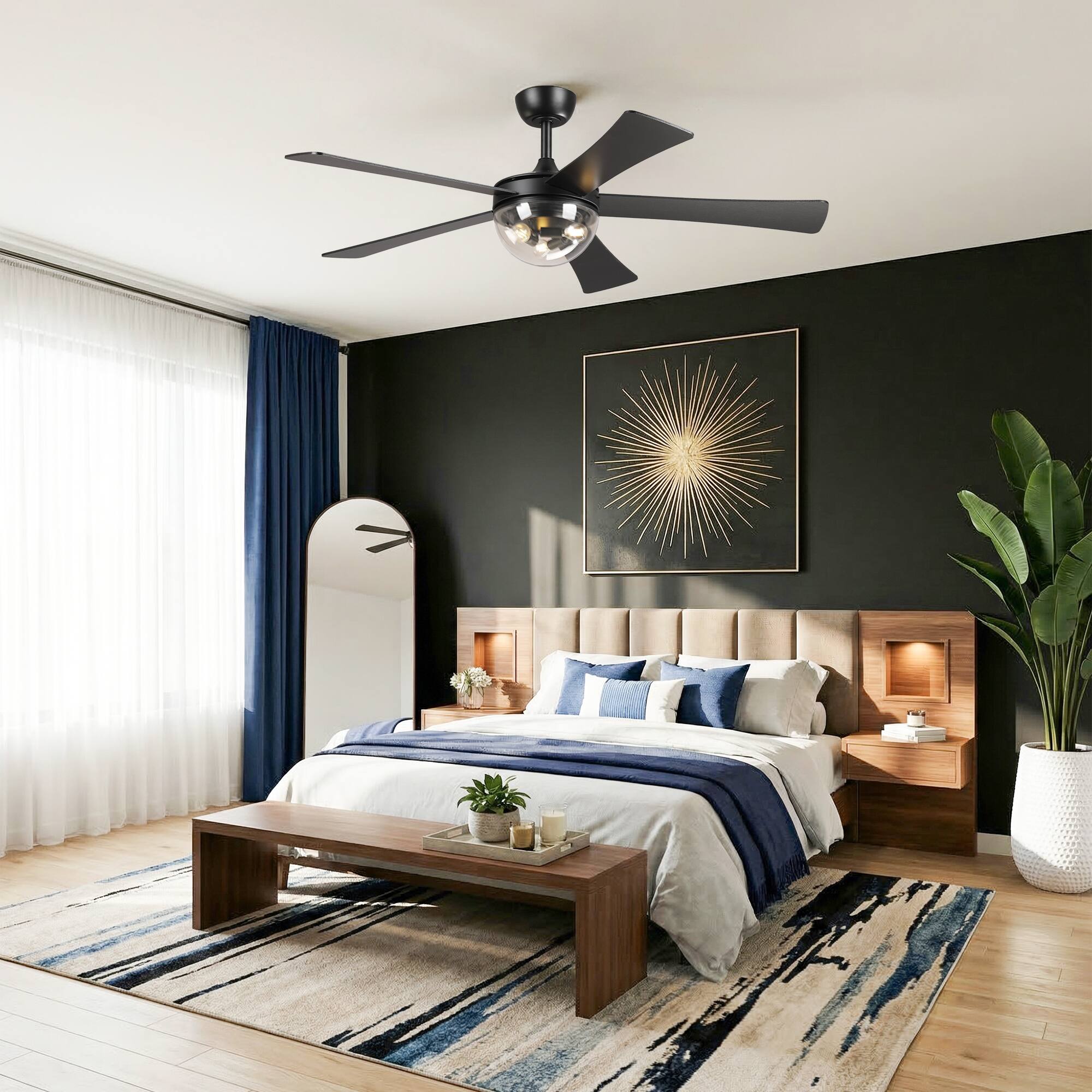 Back. Parrot Uncle - 52" Farmhouse Industrial Glass Lampshade Ceiling Fan with Remote - Black.