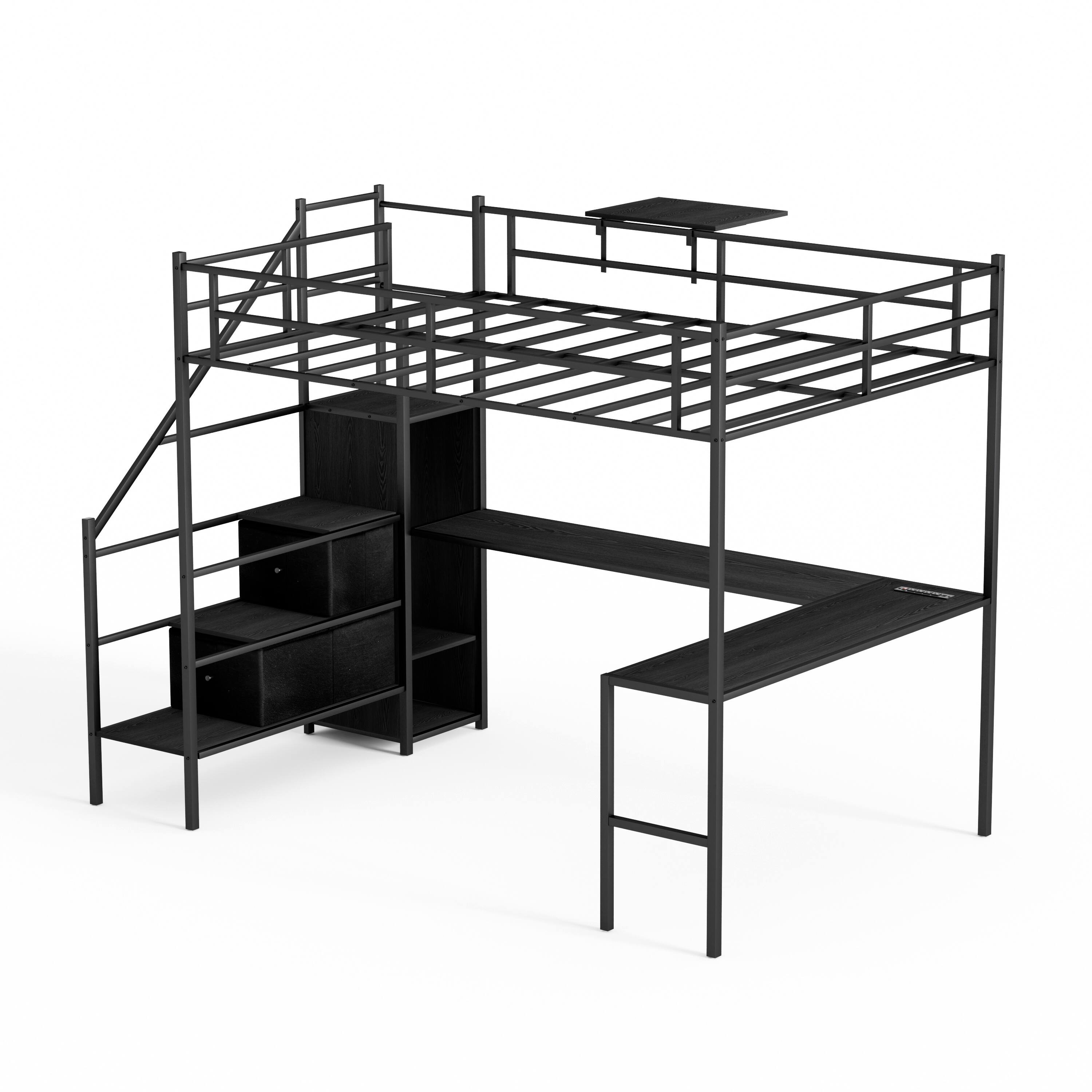 Alt View 6. Spaco - Spaco Full Metal Loft Bed, Bunk Bed with Built-in L-Shaped Desk, USB Charging, LED Lights, Storage Cabinet, Safety Rails - Black.