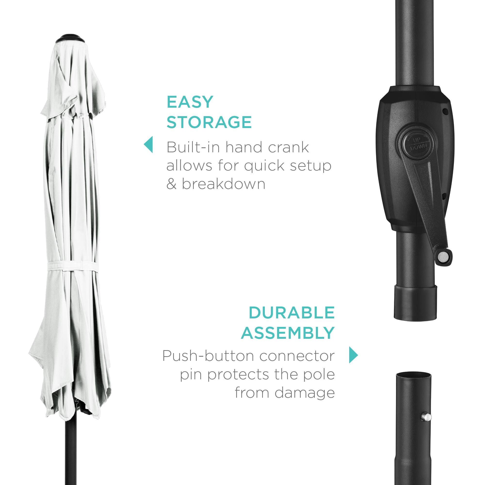 EASY STORAGE  
Built-in hand crank allows for quick setup & breakdown  

DURABLE ASSEMBLY  
Push-button connector pin protects the pole from damage