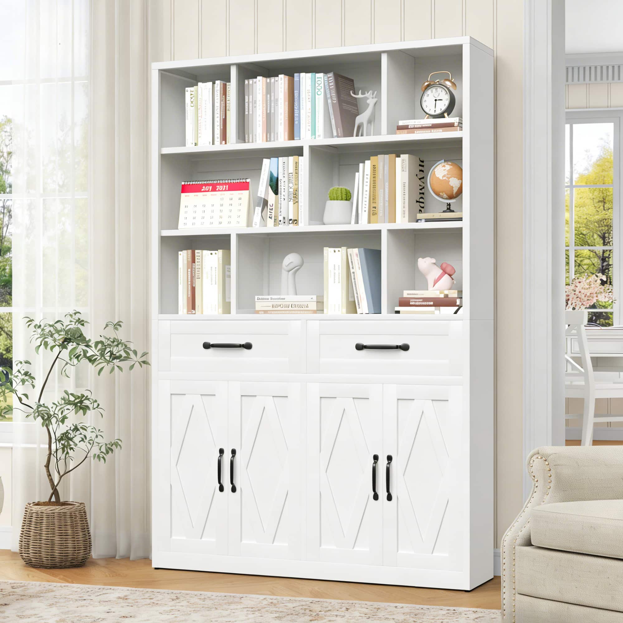Anysun - Auysun 2-Door Modern Tall Metal Bookcase with Drawers and Fixed Open Shelves - White