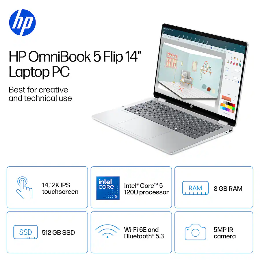 HP OmniBook 5 Flip 2 In 1 14 2K Touch Screen Laptop Intel Core 5 8GB hp-omnibook-5-flip-2-in-1-14-2k-touch-screen-laptop-intel-core-5-8gb