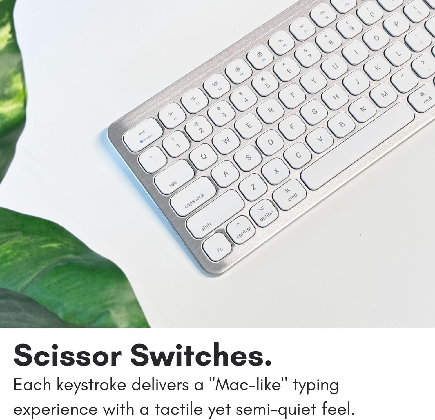 esc F1 1N 1 2 3 4 5 6 7 8 9 0 - = backspace tab Q W E R T Y U I O P [ ] \ caps lock A S D F G H J K L ; ' shift Z X C V B N M , . / option cmd F2 F3 F4 F5 F6 F7 F8 F9 F10 F11 F12 lock Scissor Switches. Each keystroke delivers a "Mac-like" typing experience with a tactile yet semi-quiet feel.